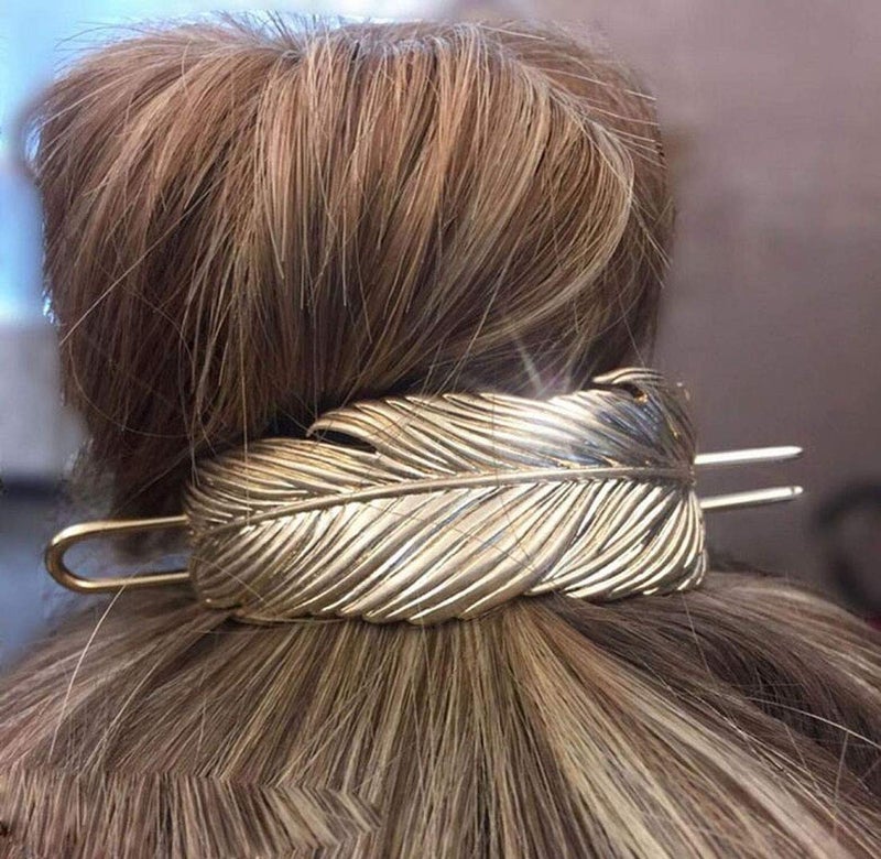 Suoirblss Vintage Leaf Hair Stick Alloy Feather Hair Cuff Bun Women Minimalist Bun Holder Cage Hair Stick Wedding Hair Accessories (Gold) - Image 5